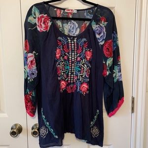 Navy floral Johnny Was tunic top